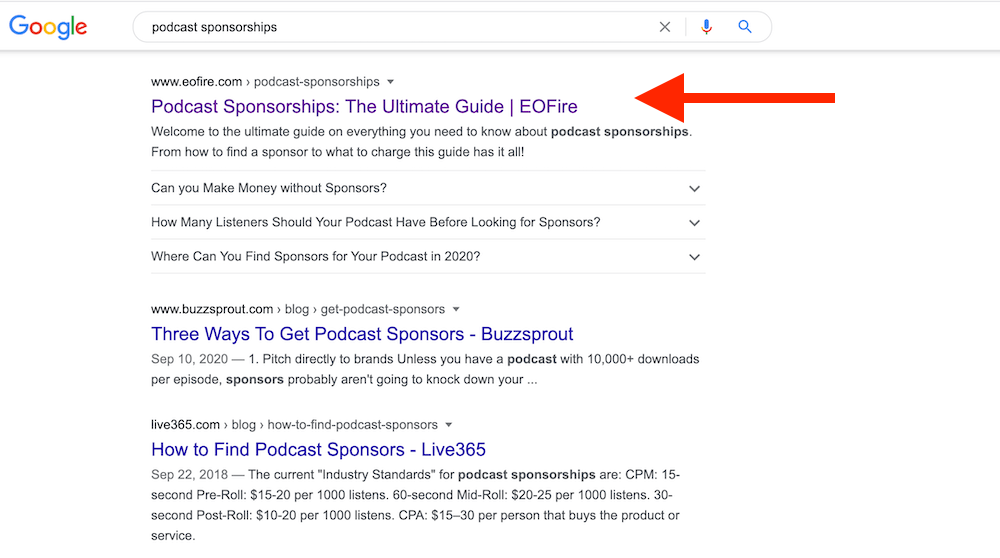 Podcast Sponsorships search on Google