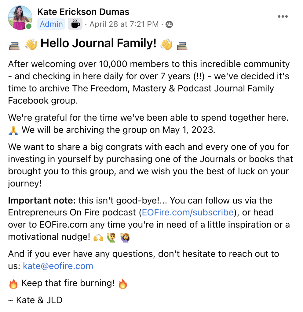 Closing Facebook Group post